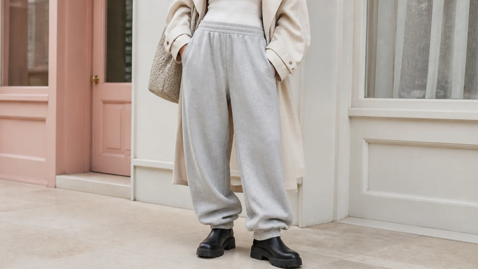 Faceless outfit with gray oversized sweatpants stacked over black platform Chelsea boots