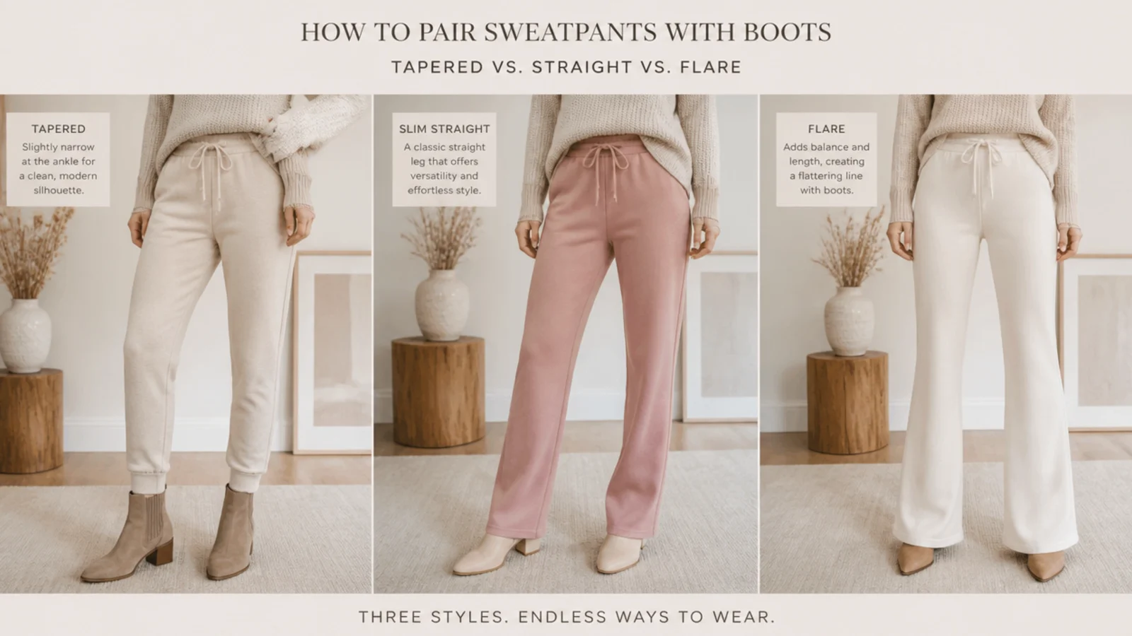 Faceless flat-lay comparing tapered, slim straight and flare sweatpants for pairing with boots