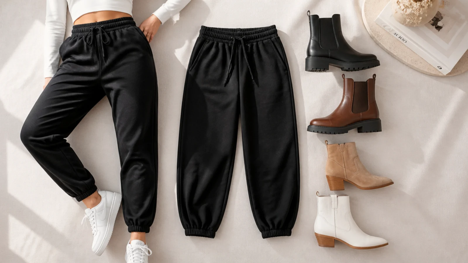 Faceless flat-lay of black sweatpants beside black, brown, tan and white boot options