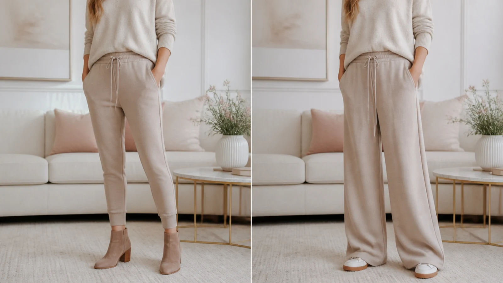 Faceless comparison of a clean tapered sweatpant at an ankle boot beside a bunched wide hem
