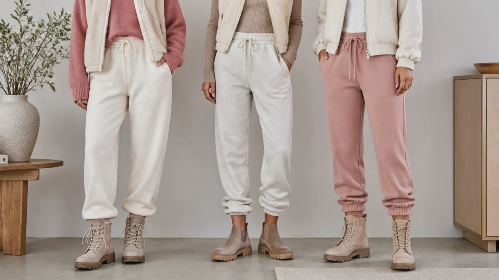 Faceless trio showing a sweatpant hem tucked, stacked and cuffed at three different boots