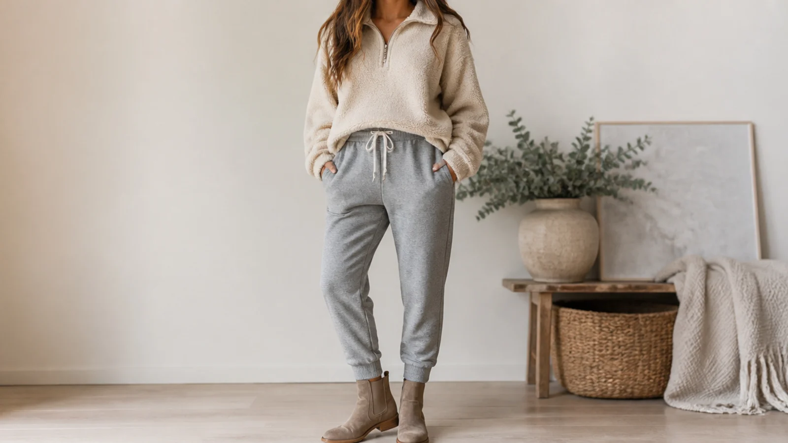 Faceless sweatpants and boots outfit with gray tapered joggers and tan suede Chelsea boots