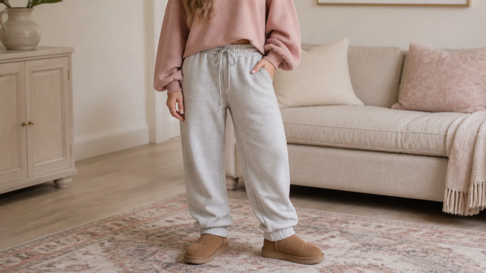 Faceless outfit with heather gray tapered sweatpants stacked over chestnut UGG Ultra Mini boots