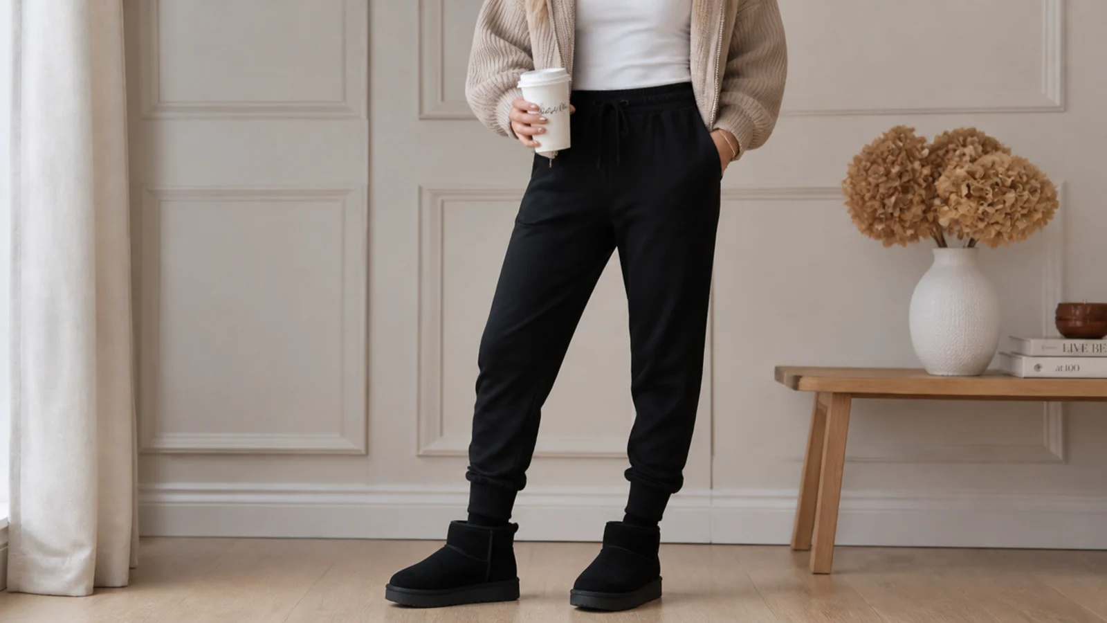 Faceless outfit with tapered black joggers stacked over black UGG Ultra Mini boots for a tonal look