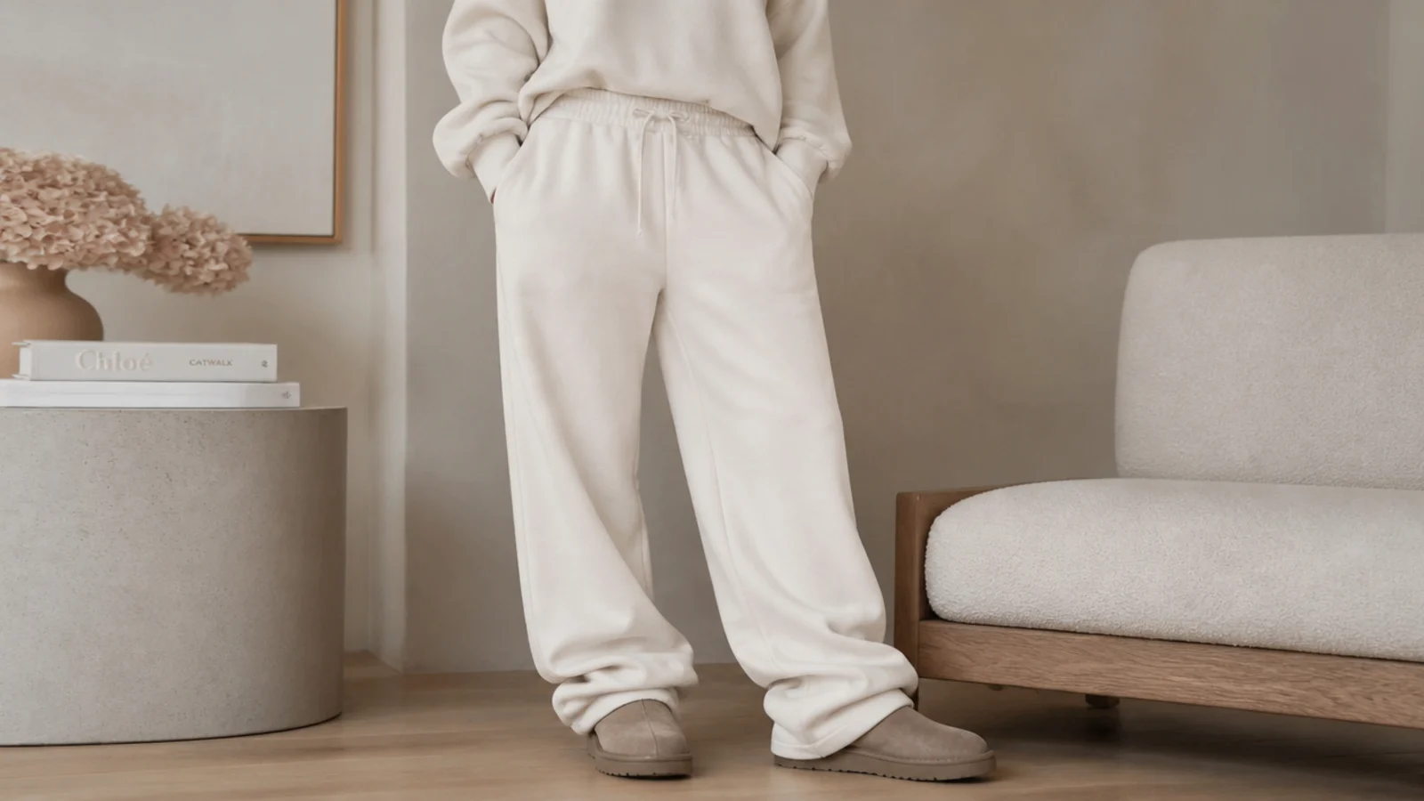 Faceless tonal outfit with cream french terry sweatpants stacked over sand UGG Ultra Mini boots