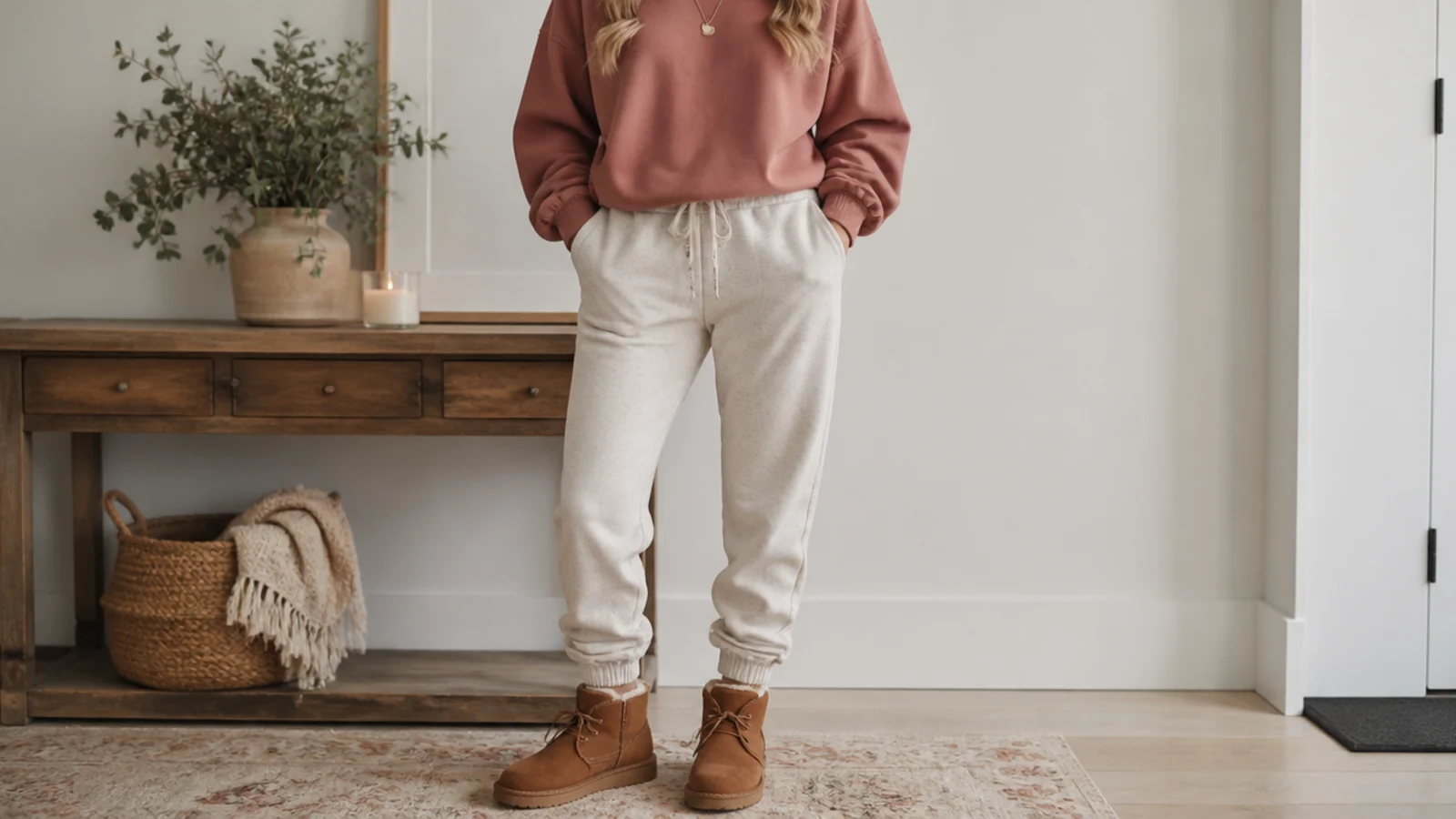 Faceless outfit with tapered joggers stacked above chestnut UGG Neumel chukka boots with laces