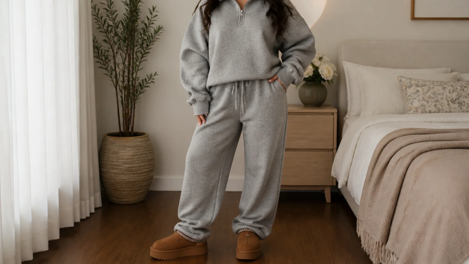 Faceless outfit with a gray matching sweatsuit set worn with chestnut UGG Tazz platform slippers