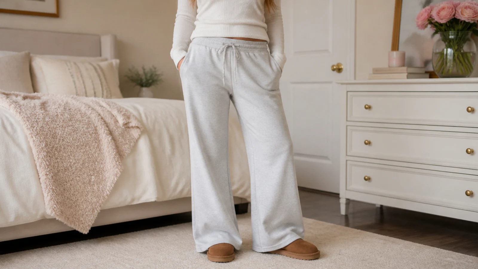Faceless outfit with gray flare sweatpants falling over chestnut UGG Classic Short boots