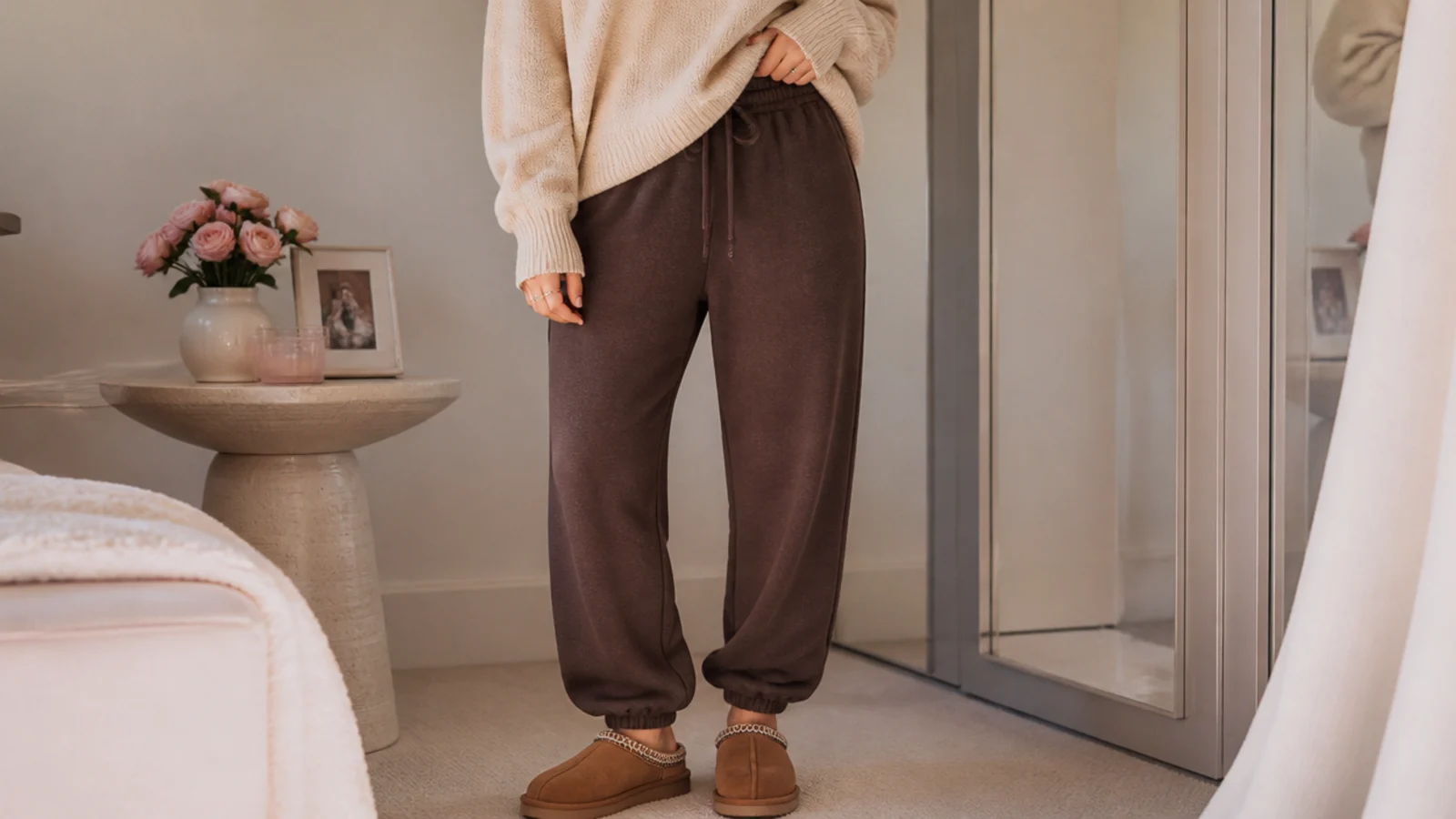 Faceless tonal outfit with chocolate brown sweatpants cuffed above chestnut UGG Tasman slippers