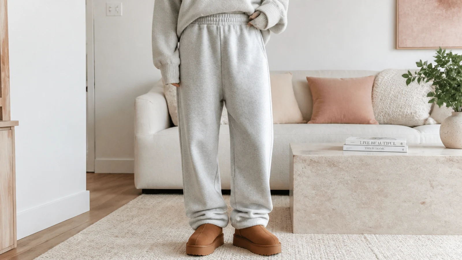 Faceless outfit with baggy gray sweatpants stacked over chestnut UGG Ultra Mini Platform boots