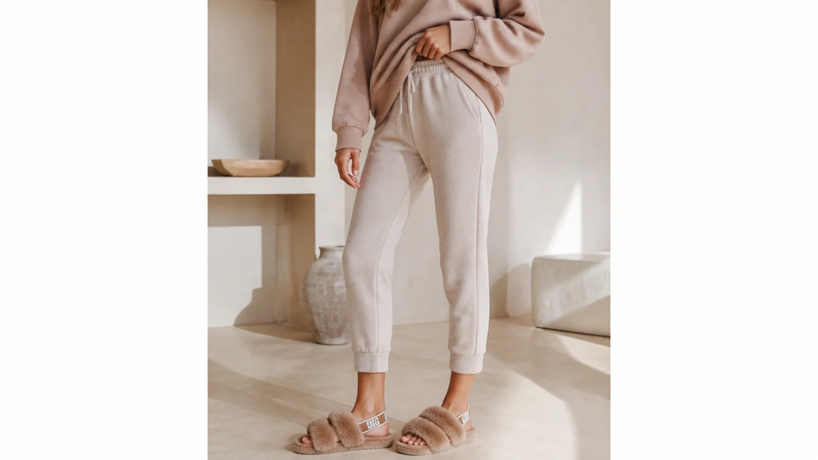 Faceless outfit with slim fleece joggers cropped above fluffy chestnut UGG Fluff Yeah slides