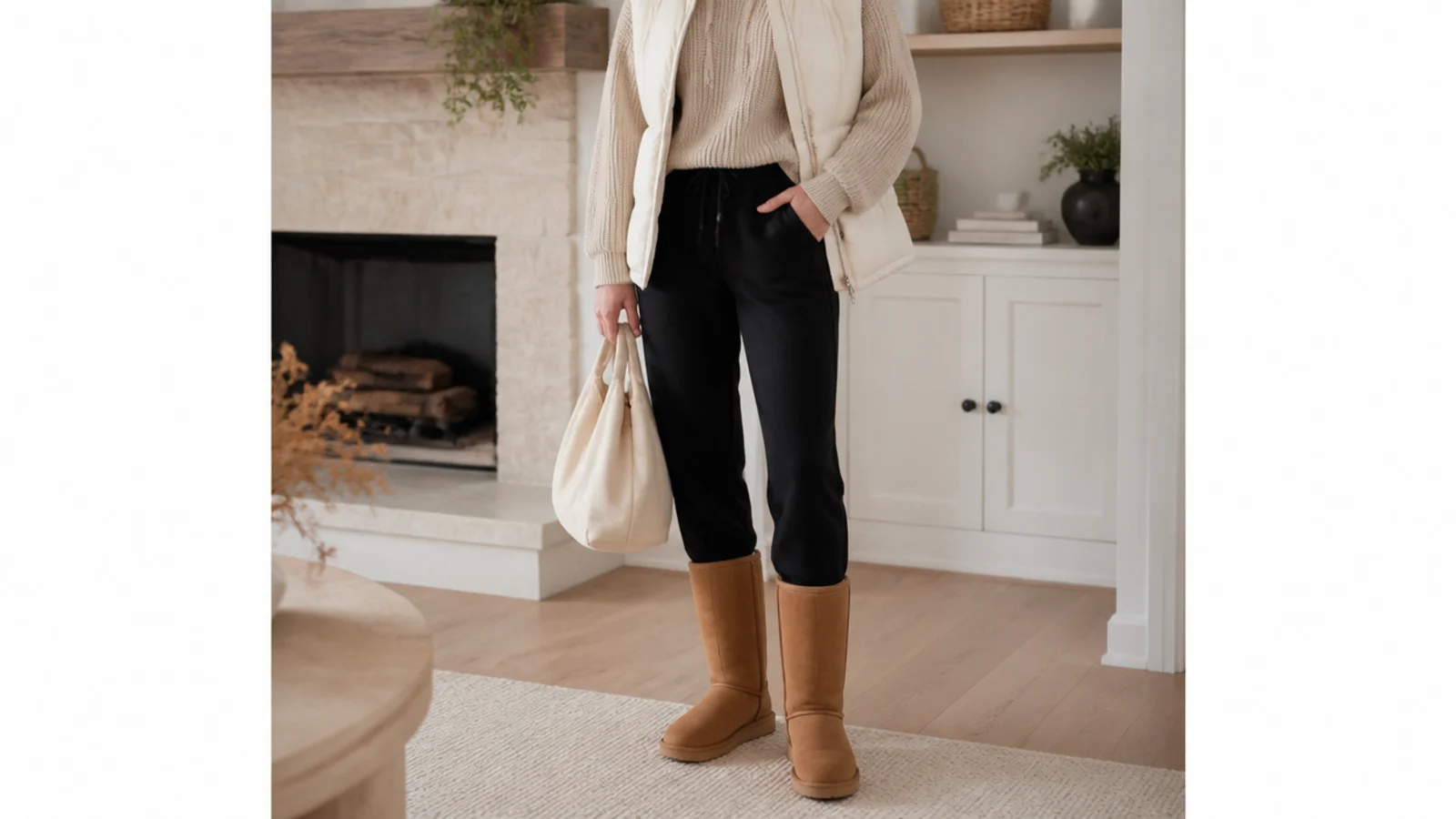 Faceless outfit with slim black sweatpants tucked into tall chestnut UGG Classic Tall boots