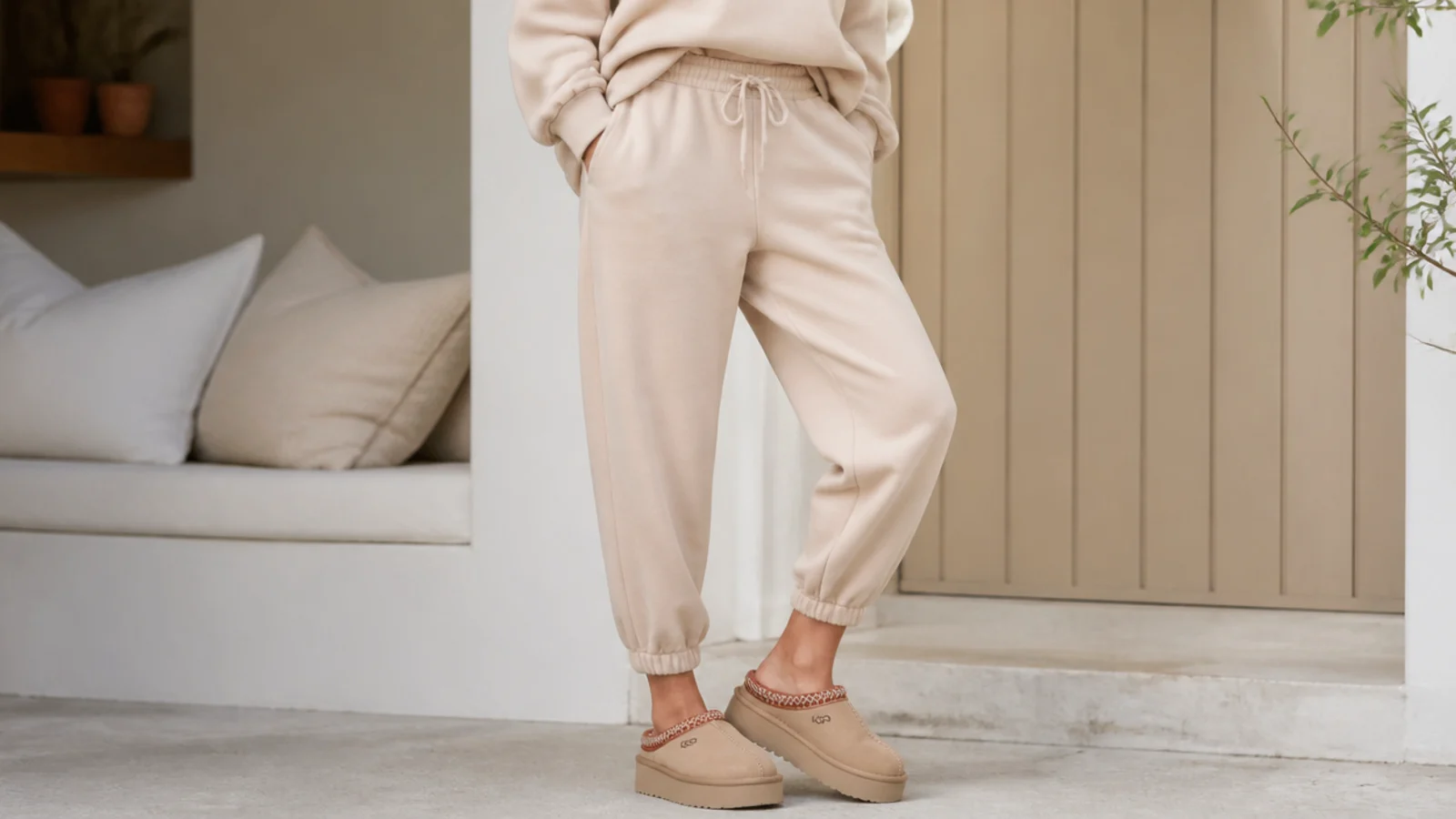 Faceless tonal outfit with beige tapered sweatpants cropped above sand UGG Disquette slides