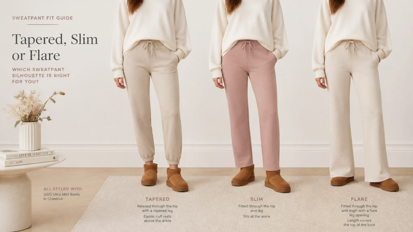 Faceless flat-lay comparing tapered, slim and flare sweatpants beside chestnut UGG Ultra Mini boots