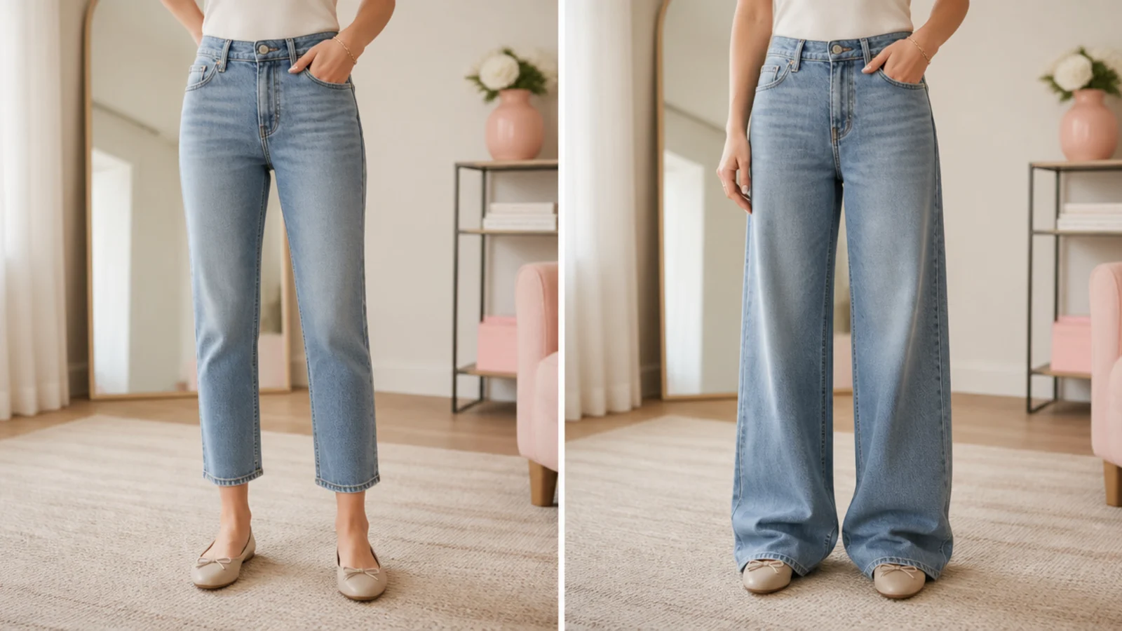 Faceless comparison of a clean tapered hem at an Ultra Mini beside a bunched wide hem pooling
