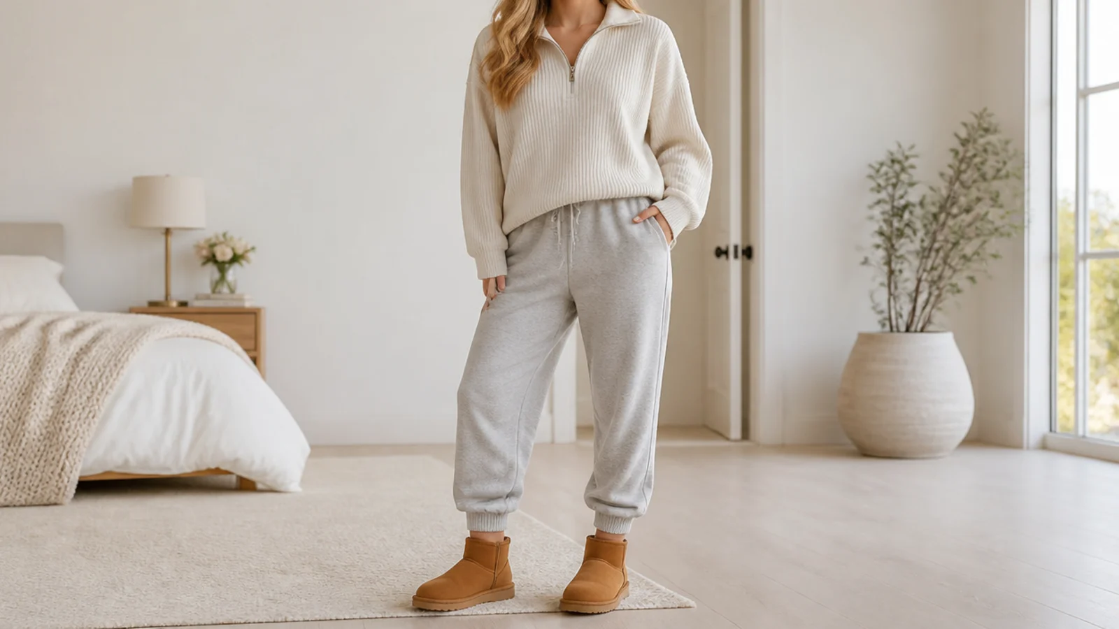 Faceless sweatpants and UGGs outfit with gray joggers cuffed above chestnut UGG Ultra Mini boots