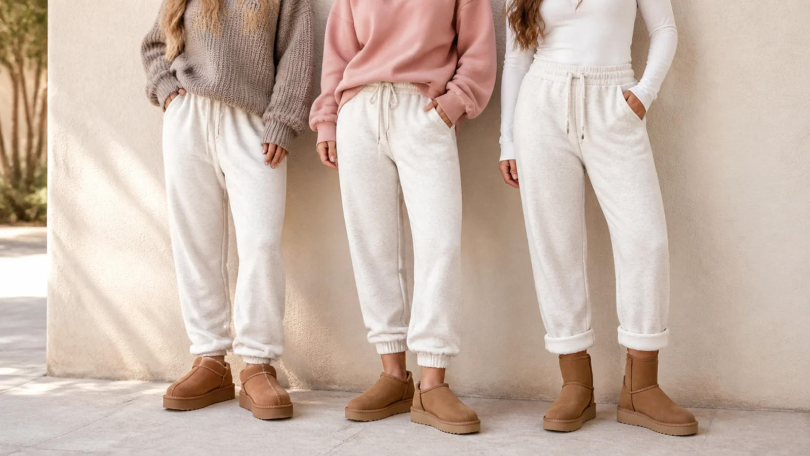 Faceless trio showing a sweatpant hem tucked, stacked and cuffed at three different UGG styles