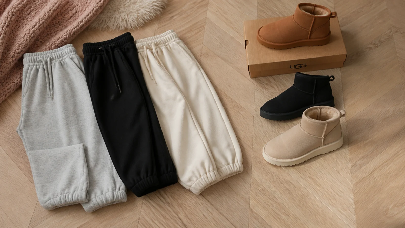 Faceless flat-lay of gray, black and cream sweatpants beside chestnut, black and sand UGG boots