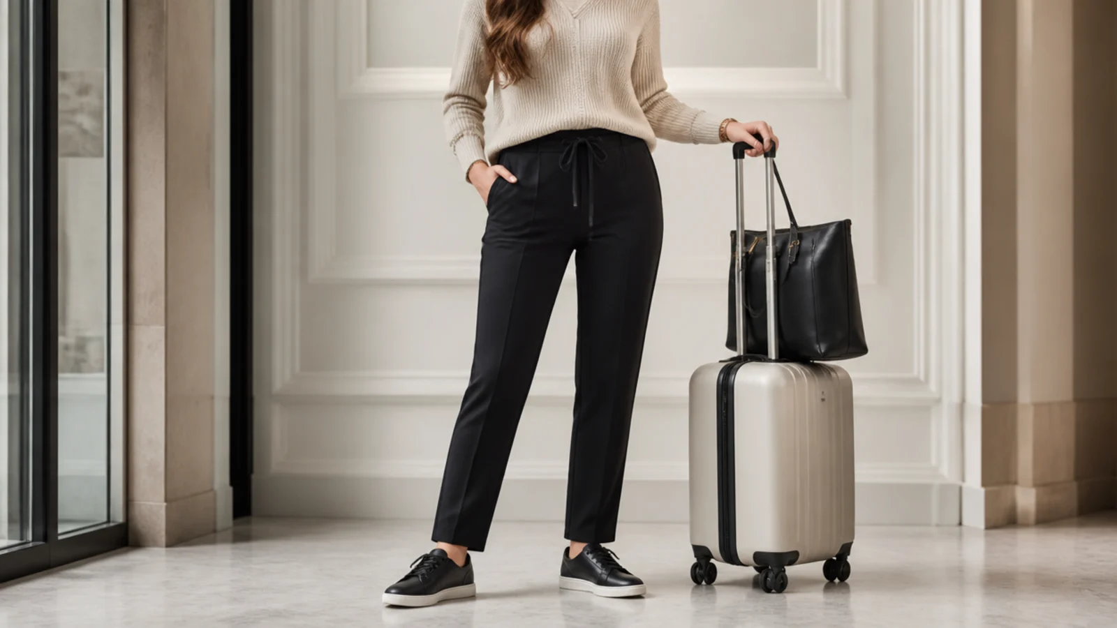 Faceless travel outfit with black stretch-waist trousers, a knit top and black leather sneakers for a business trip