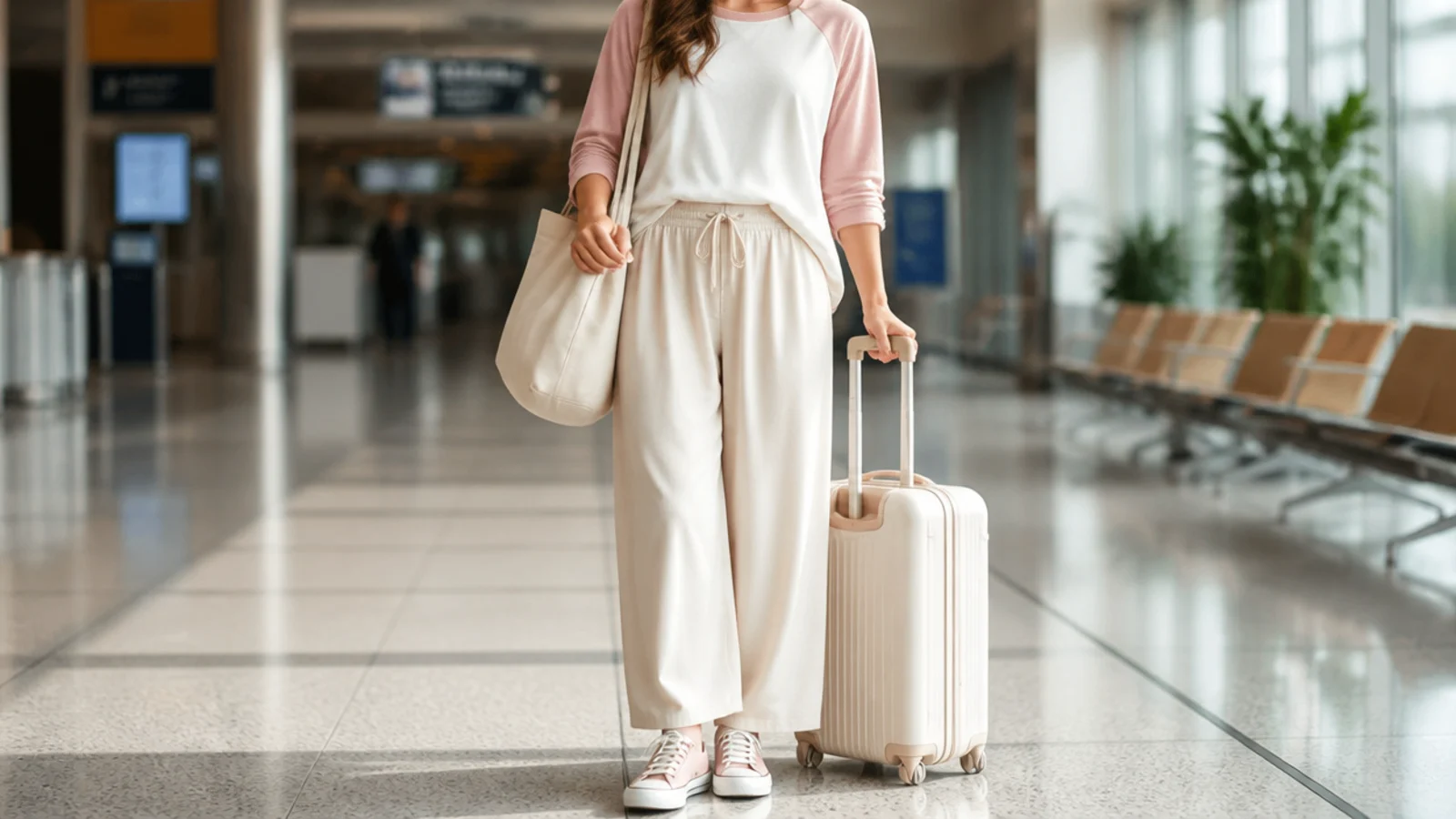 Faceless airport outfit with a raglan baseball tee, billowy drawstring pants and low canvas sneakers