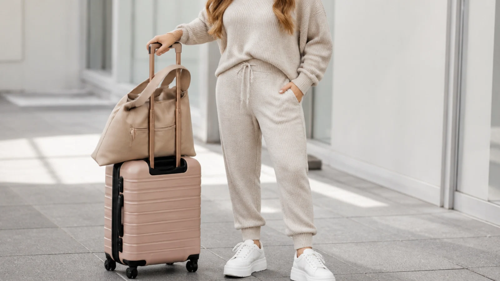 Faceless long-haul outfit with a matching knit sweatsuit set and chunky white platform sneakers