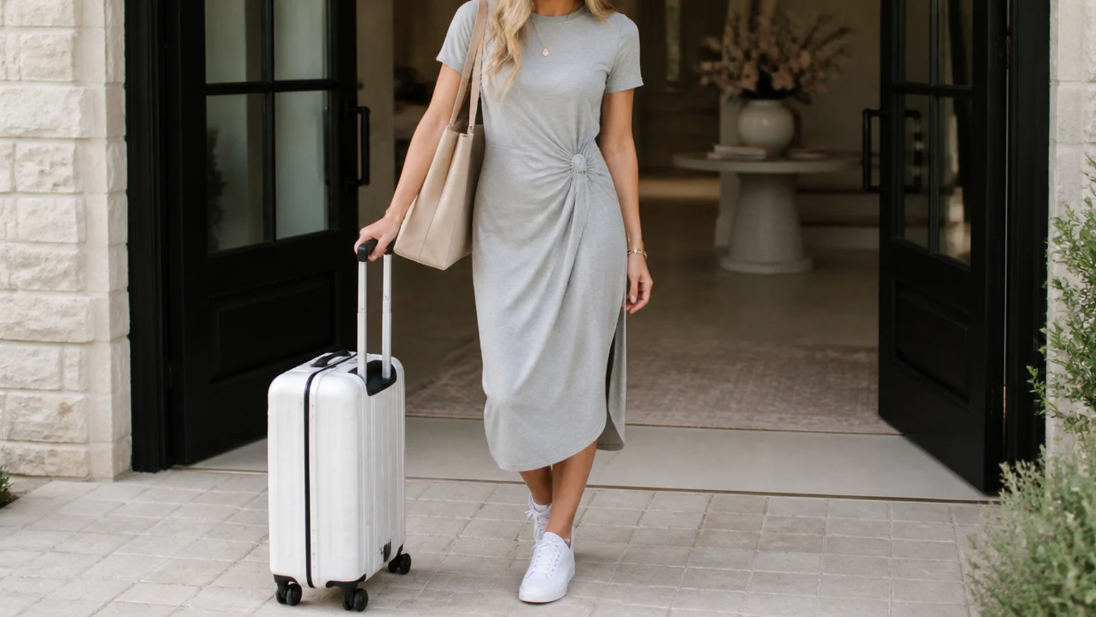 Faceless arrival-day outfit with a soft jersey midi dress and clean white low-profile sneakers
