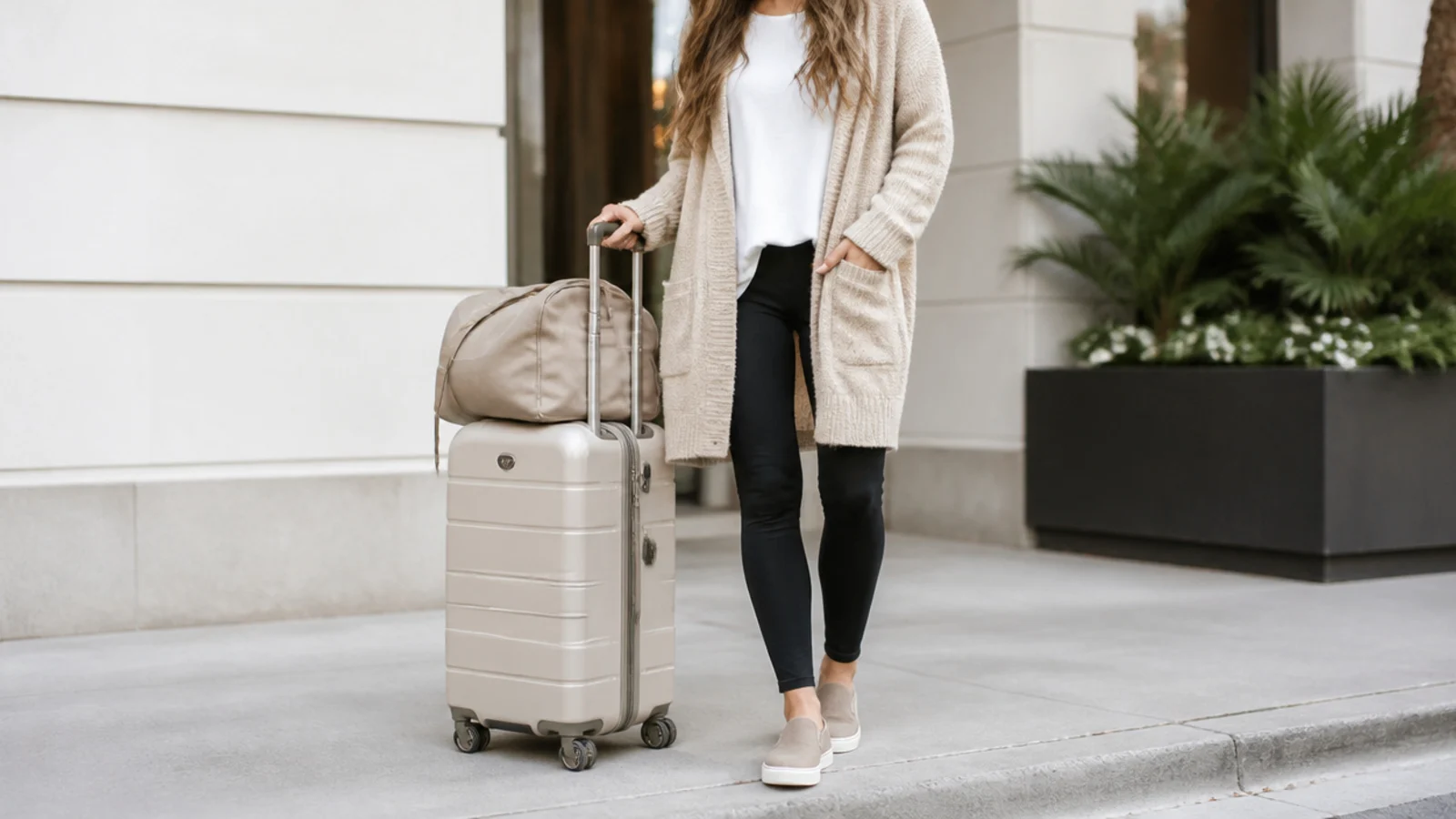 Faceless cozy travel outfit with black leggings, a long oversized cardigan and slip-on sneakers