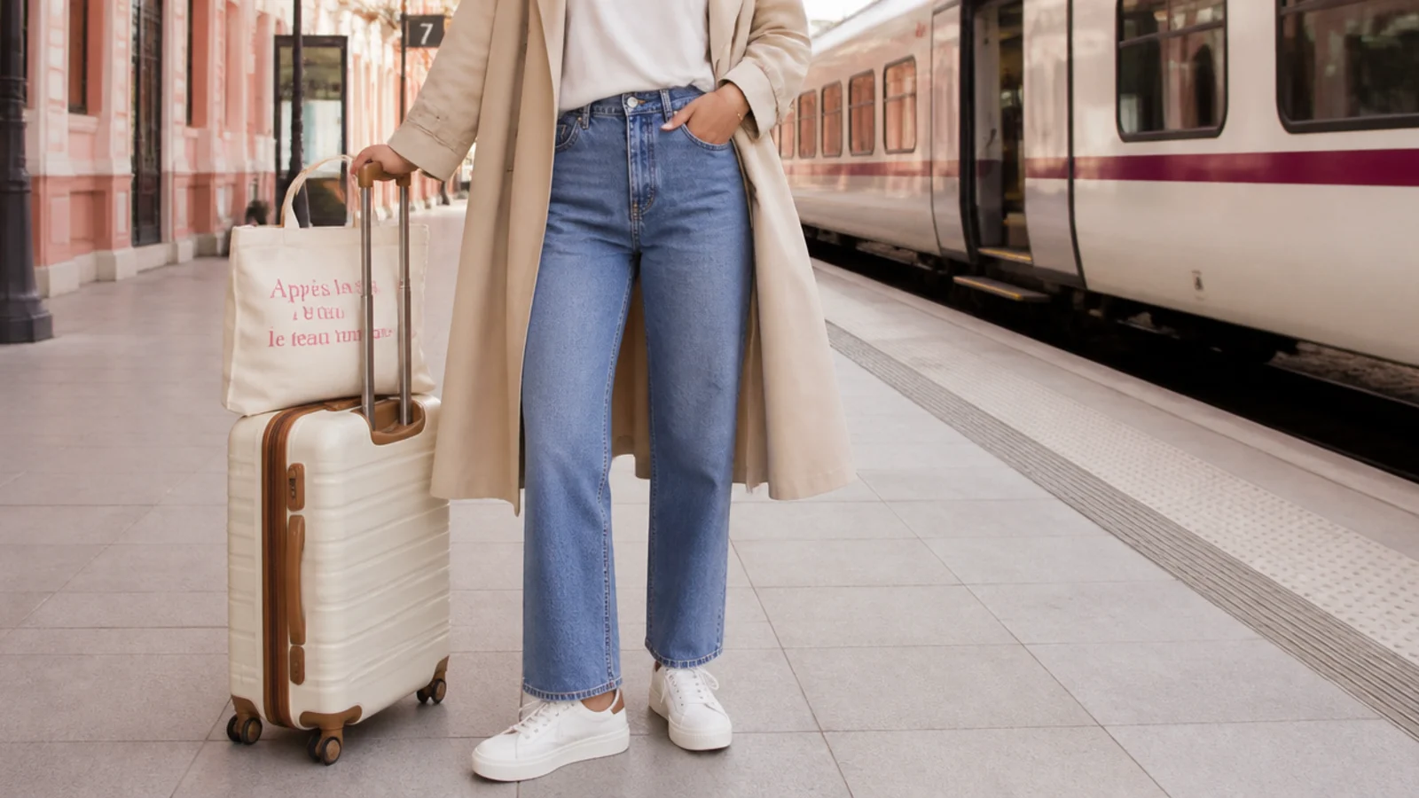 Faceless train travel outfit with straight-leg jeans, a tucked tee and white platform sneakers