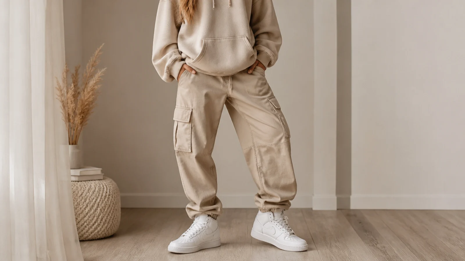 Faceless layover outfit with baggy cargo pants, an oversized hoodie and white high-top sneakers