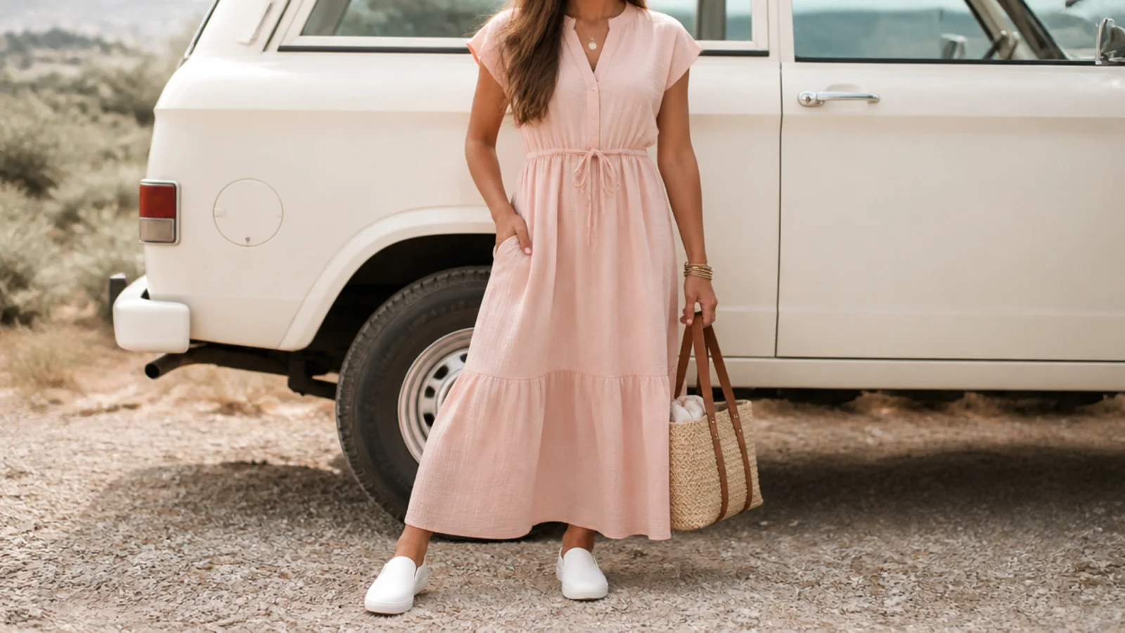 Faceless summer road trip outfit with a soft cotton maxi dress and white slip-on sneakers