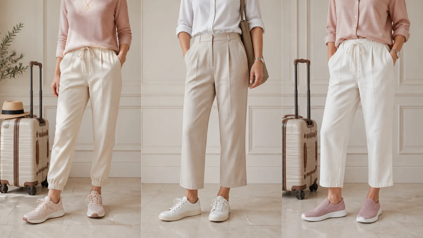 Faceless lineup of cushioned running, low-profile leather and slip-on sneakers for travel comfort