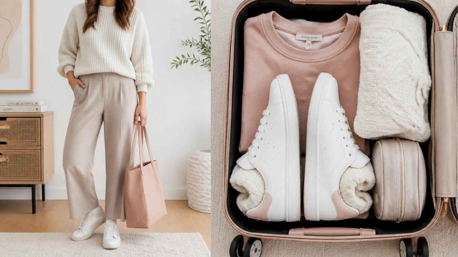 Faceless flat-lay of a second pair of sneakers packed flat sole-to-sole with socks stuffed inside in a suitcase