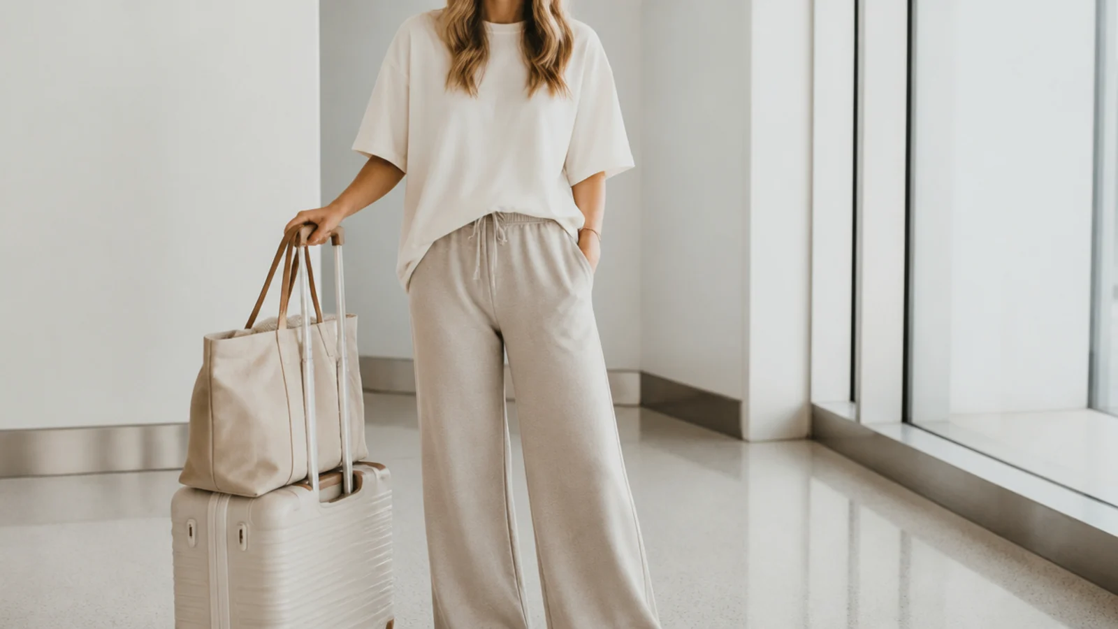 Faceless travel day outfit with wide-leg pants, an oversized tee and clean white sneakers for a flight