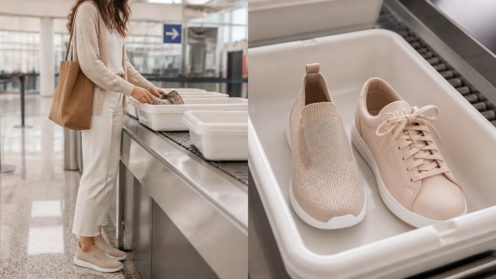 Faceless side-by-side of an elastic slip-on sneaker and a laced sneaker at an airport security tray