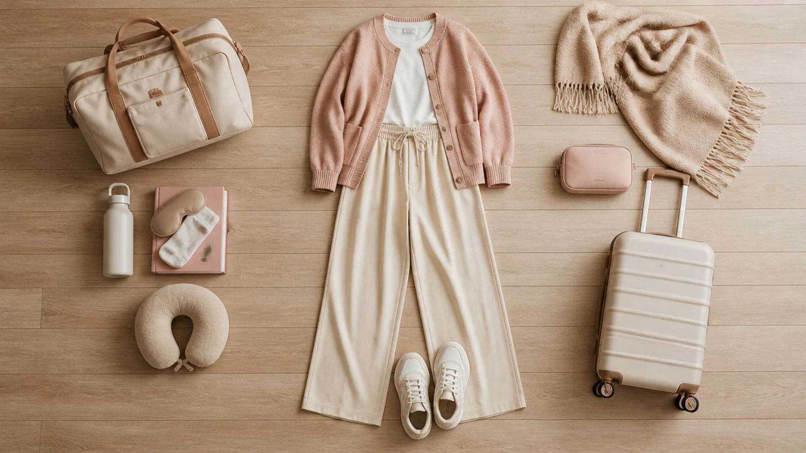Faceless flat-lay of plane-friendly travel pieces with wide-leg pants, a cardigan, socks and cushioned sneakers