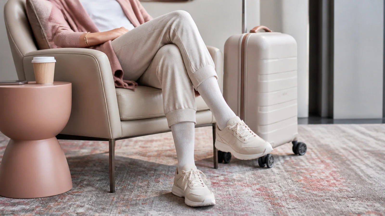 Faceless close-up of cushioned sneakers with compression socks and loosely tied laces for a long flight
