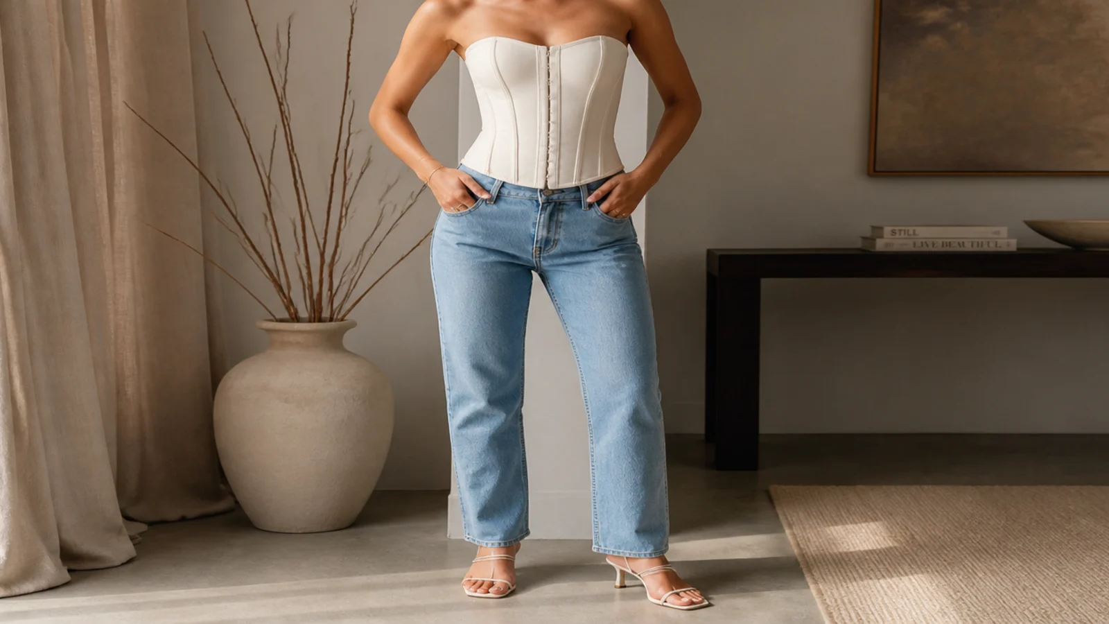 Faceless waist-up shot of a structured overbust corset top worn bra-free with straight jeans
