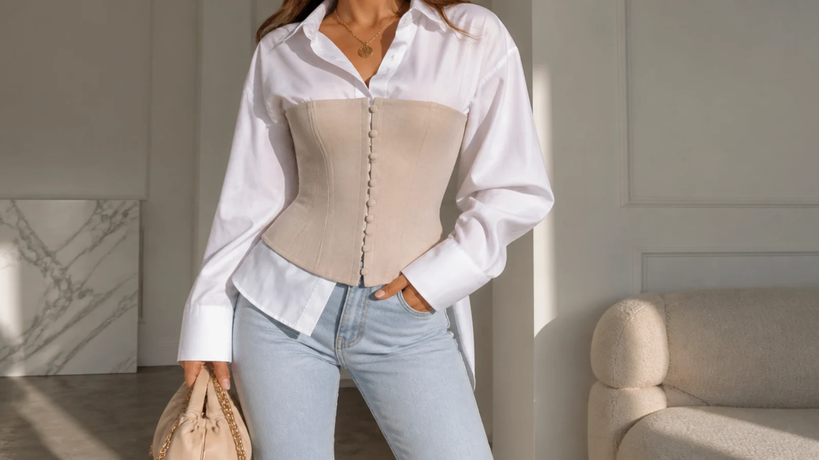 Faceless waist-up shot of an underbust corset top layered over a white button-down shirt