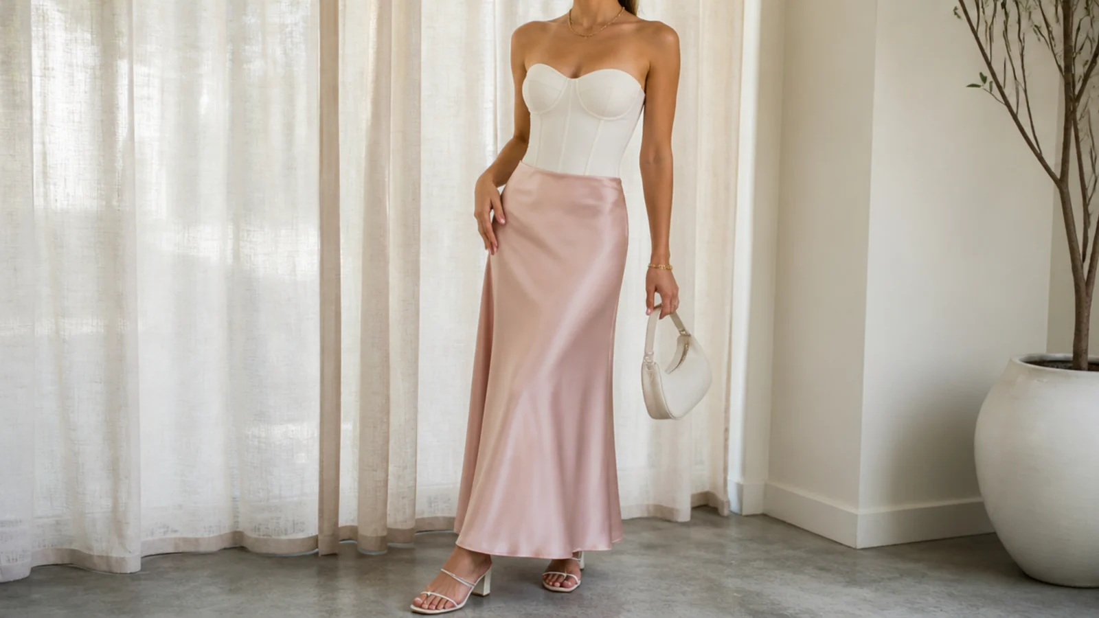 Faceless waist-up shot of a strapless molded-cup bustier top with a satin slip skirt