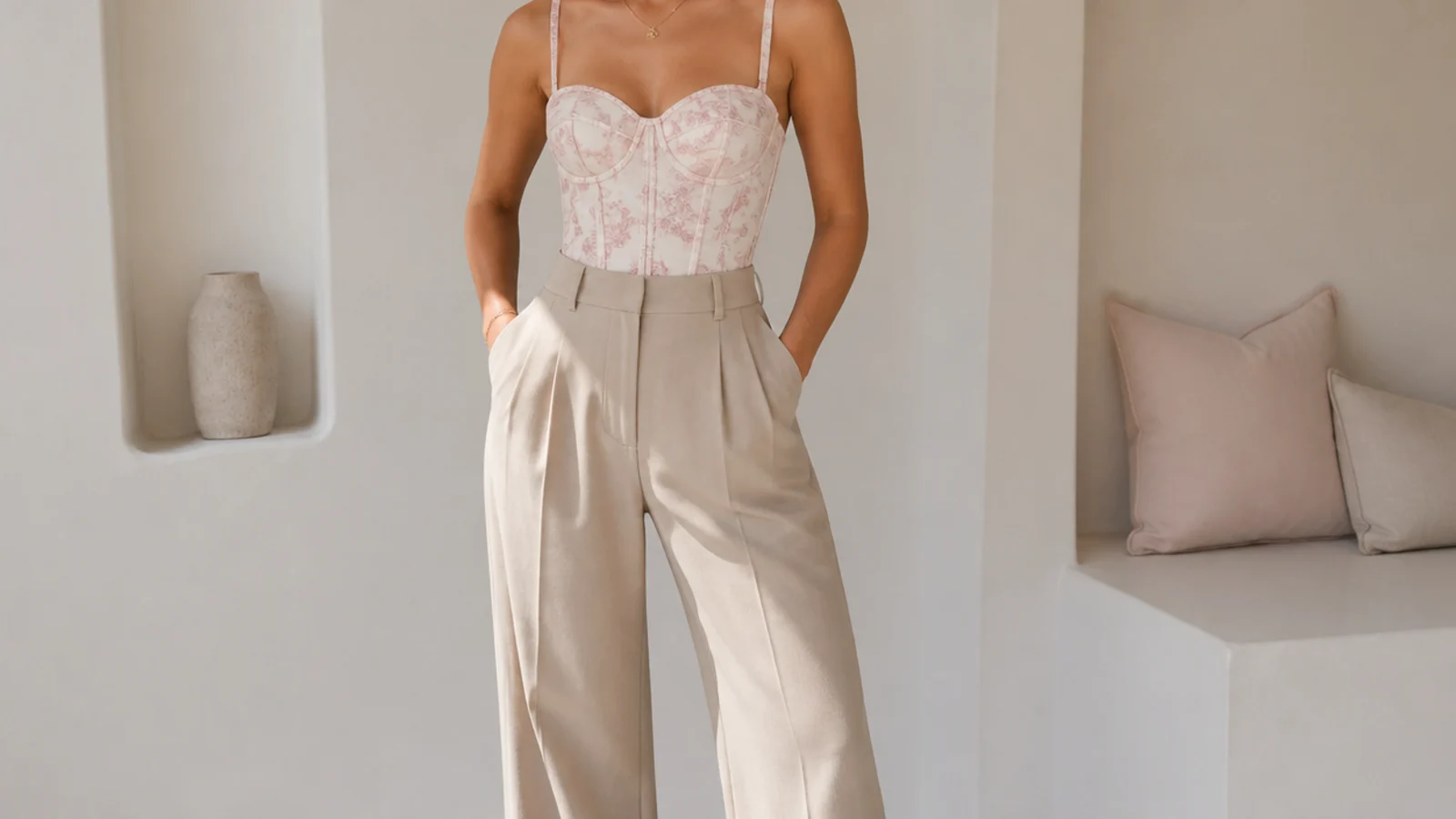Faceless waist-up shot of an overbust corset top with thin adjustable straps and tailored trousers