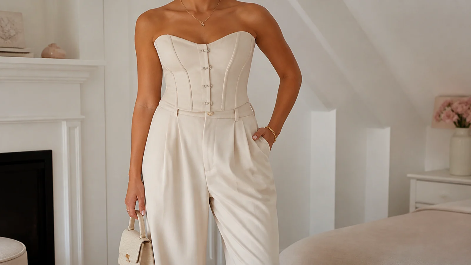 Faceless waist-up shot of a steel-boned busk-front corset top with a defined cinched waist