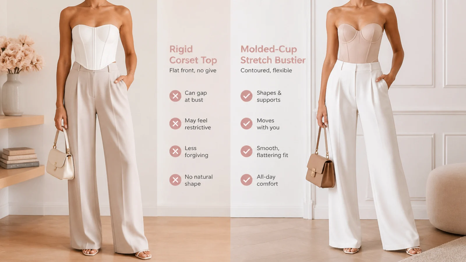 Faceless comparison of a rigid flat-front corset top beside a molded-cup stretch bustier
