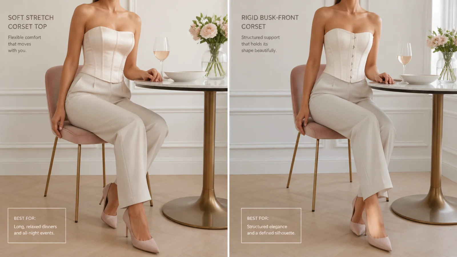Faceless comparison of a soft stretch corset top and a rigid busk-front for seated comfort through dinner