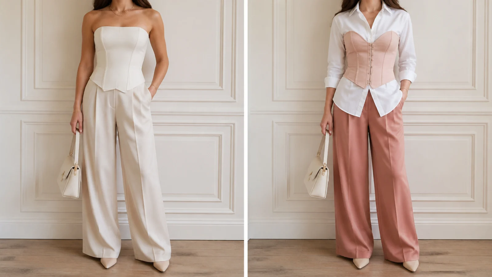 Faceless comparison of an overbust corset top covering the chest beside an underbust top worn over a shirt