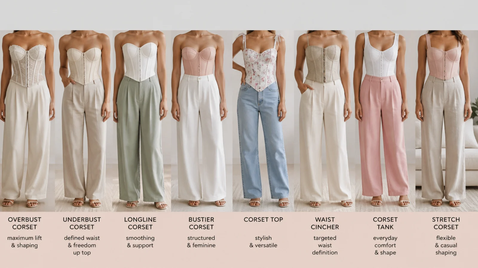 Faceless flat-lay of eight types of corset tops compared, from overbust to soft stretch styles