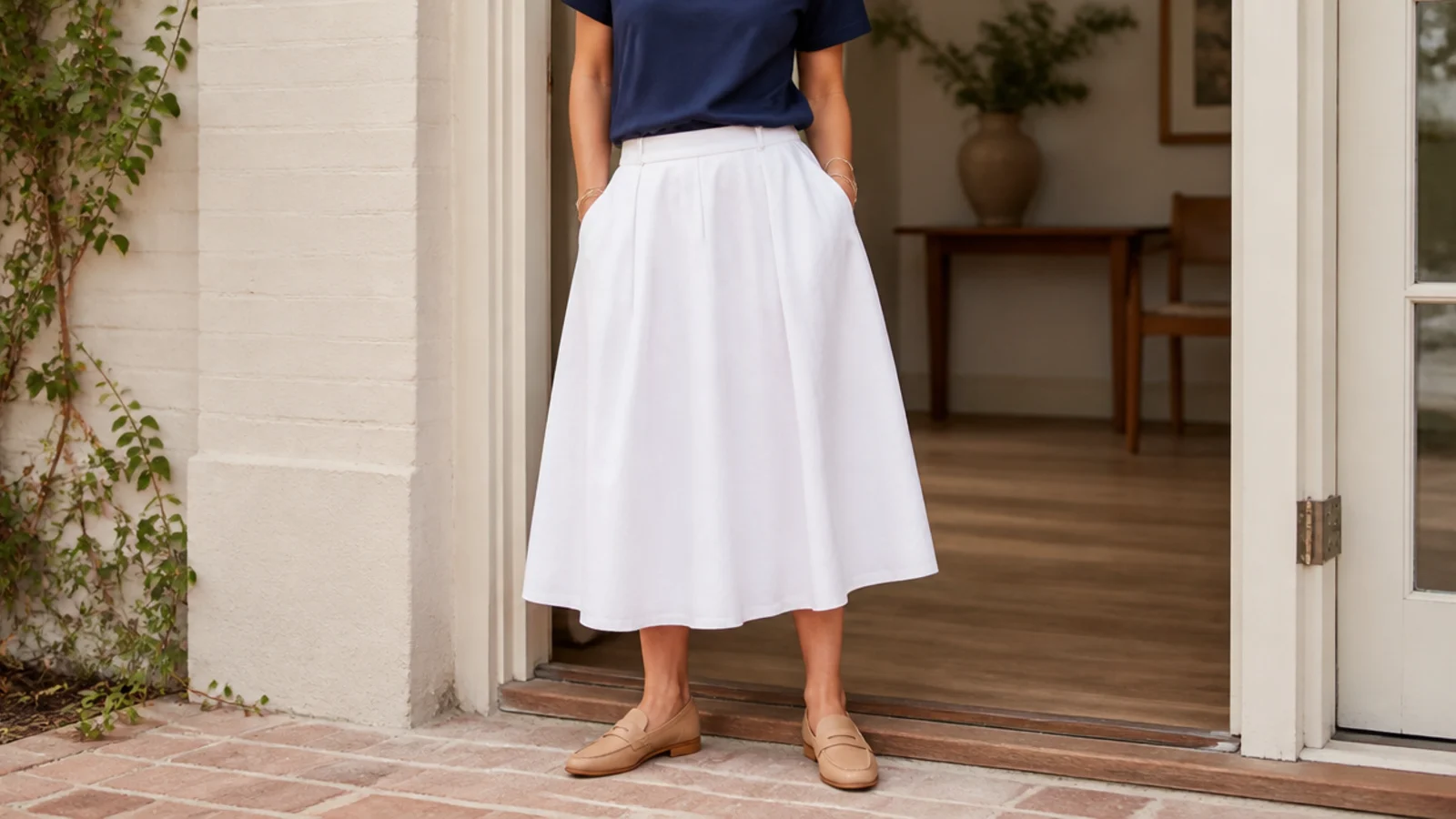 Faceless outfit with a thick white cotton A-line midi skirt, a tucked navy tee and tan loafers
