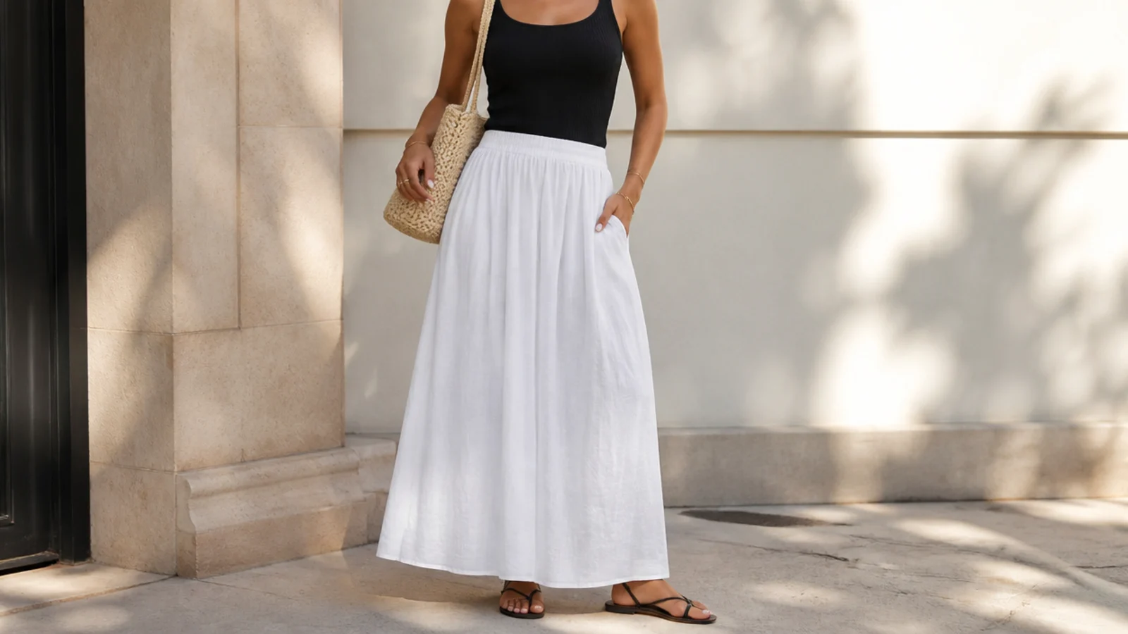 Faceless outfit with a white linen maxi skirt, a fitted black rib tank and flat leather sandals