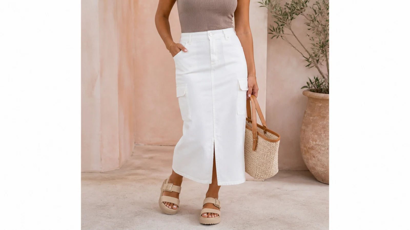 Faceless outfit with a white cotton cargo utility midi skirt, a fitted rib tank and chunky sandals