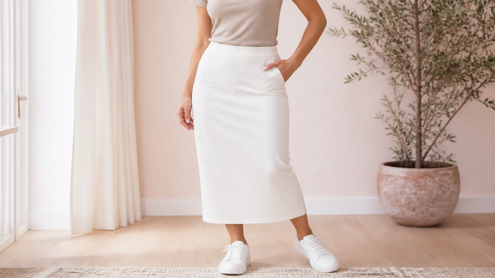 Faceless outfit with a white ponte knit column midi skirt, a tucked tee and white sneakers
