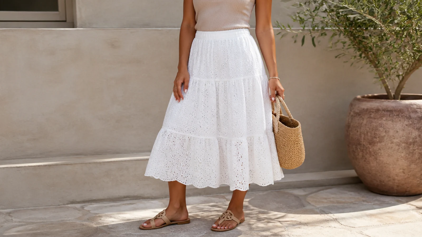 Faceless outfit with a white broderie anglaise eyelet midi skirt, a fitted tank and flat sandals